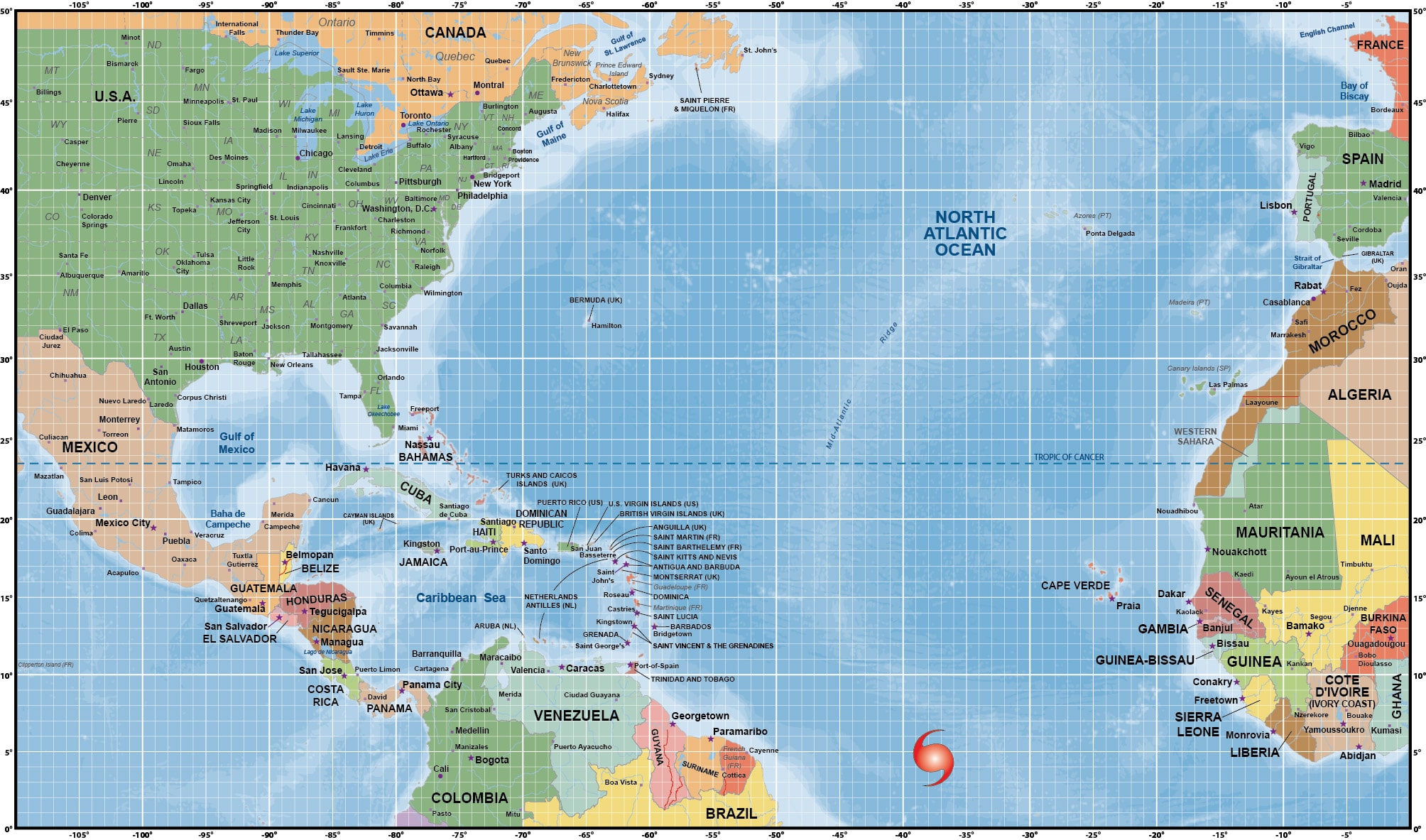 Atlantic Ocean Hurricane Tracking Map 