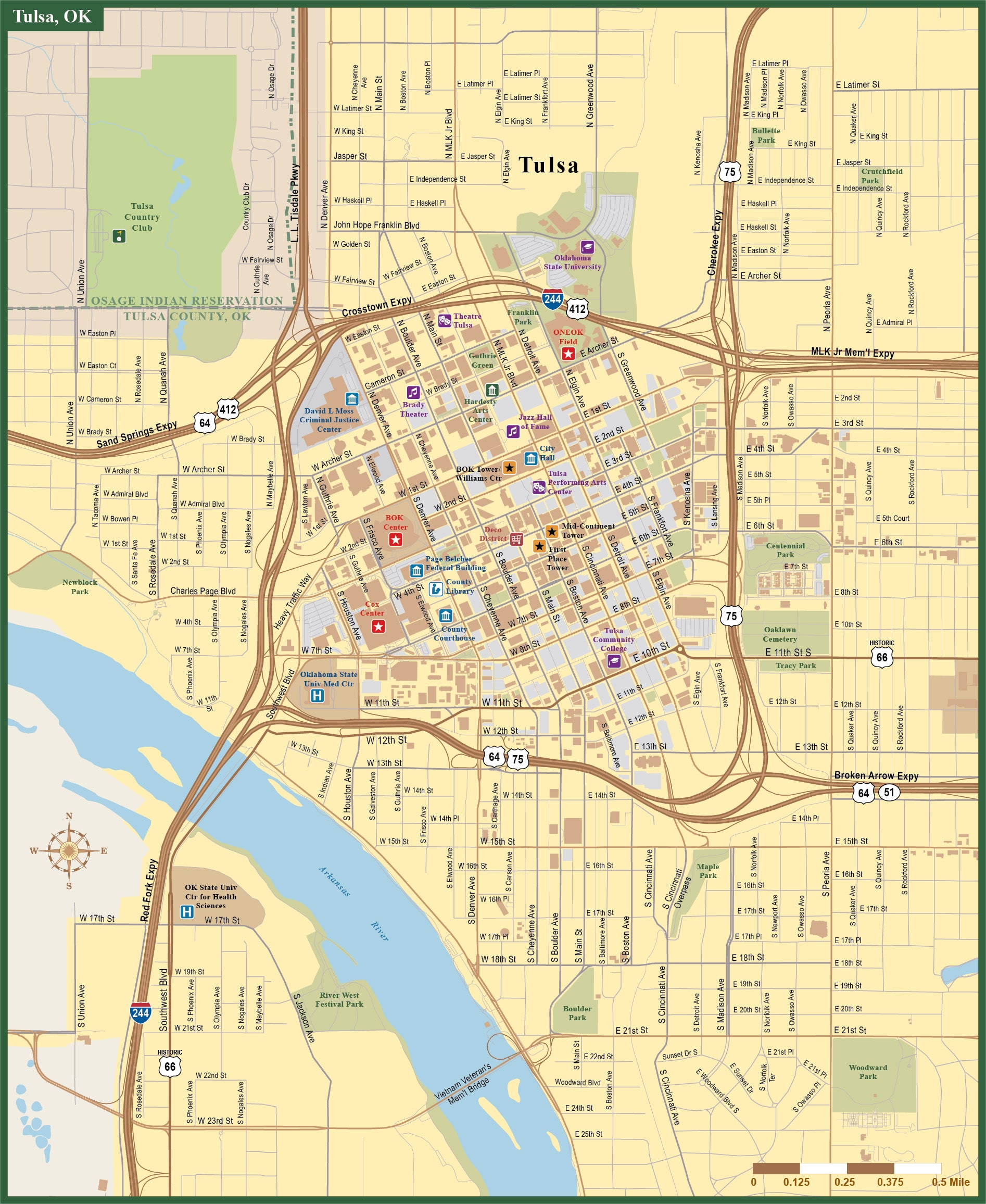 Tulsa Downtown with Buildings Map.