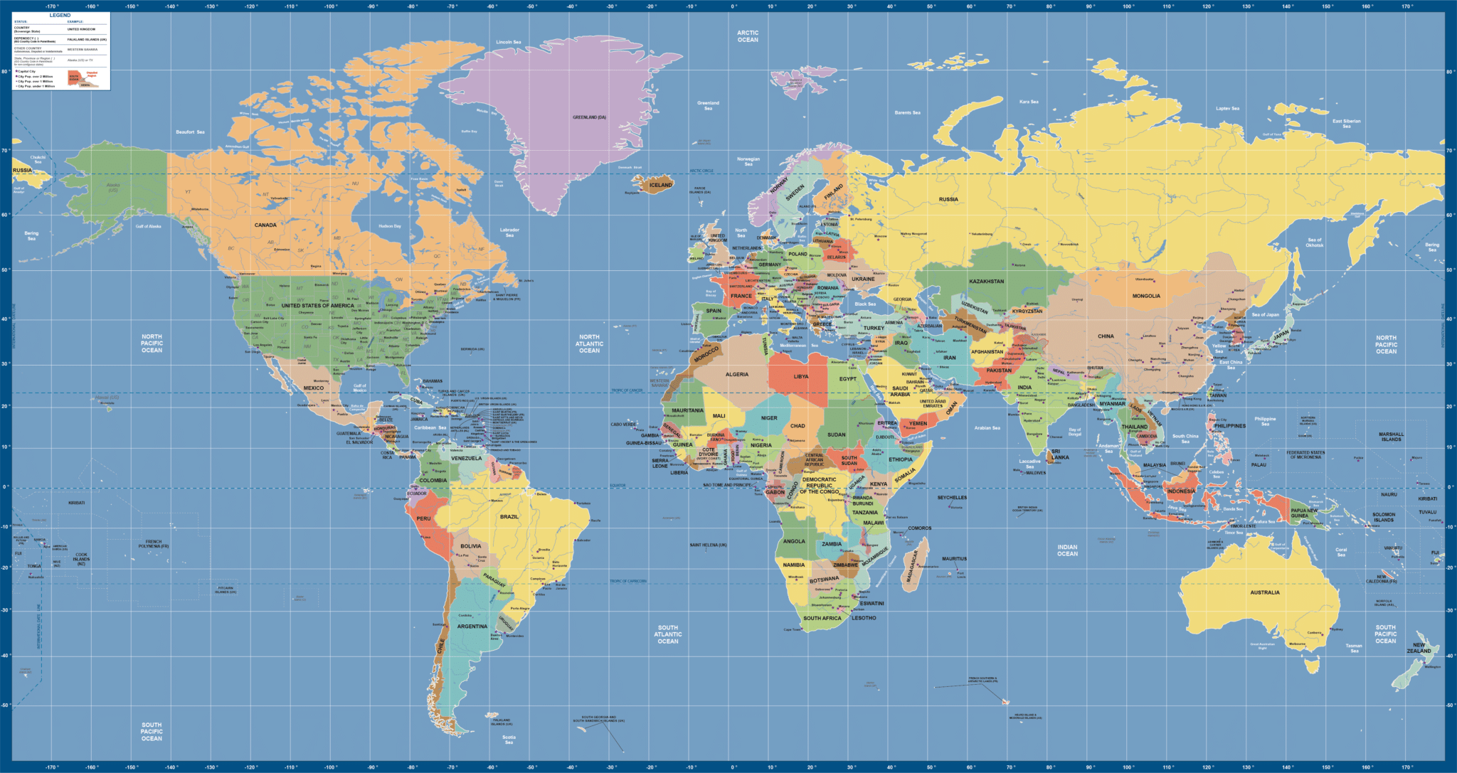 World Vector Map - Europe Centered with US States & Canadian Provinces