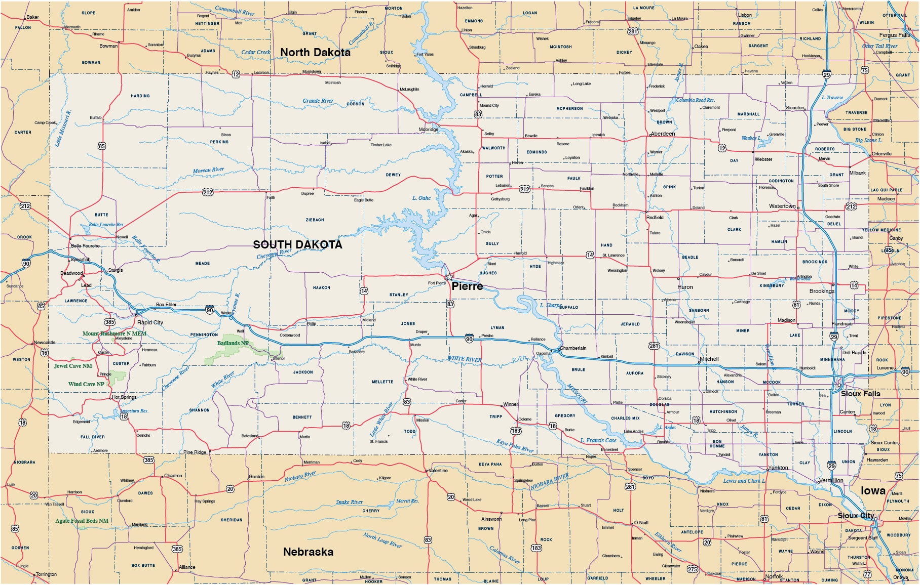 South Dakota County Map With Towns